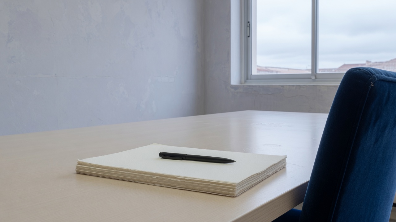 Mesa vacía junto a una ventana, con un taco de papel y un bolígrafo.